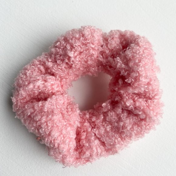 Scrunchies-  Hair Ties Set/3 Fabric/Faux Sherpa  Cream , Black and Pink - Picture 3 of 5